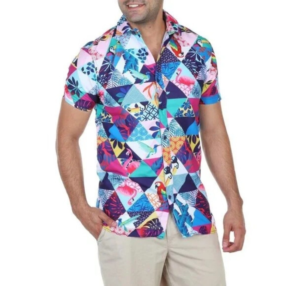 Surf Society Mens small Colorful Flamingo Tropical Birds Shirt UV Stay Dry New